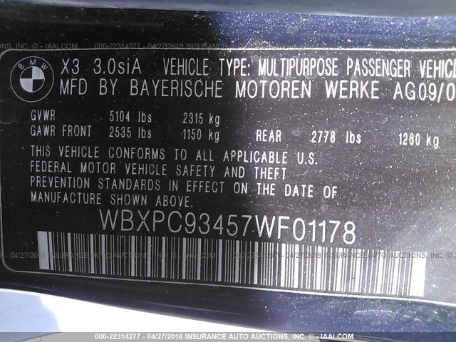 WBXPC93457WF01178 - 2007 BMW X3 3.0SI BLUE photo 9