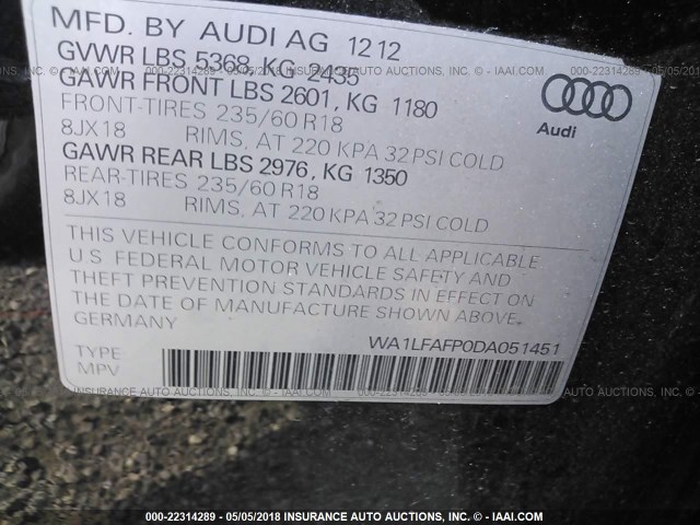 WA1LFAFP0DA051451 - 2013 AUDI Q5 PREMIUM PLUS BLACK photo 9