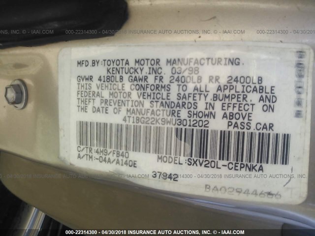 4T1BG22K9WU301202 - 1998 TOYOTA CAMRY CE/LE/XLE 香槟色 照片 9