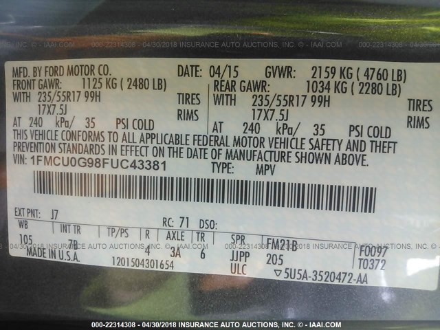 1FMCU0G98FUC43381 - 2015 FORD ESCAPE SE GRAY photo 9