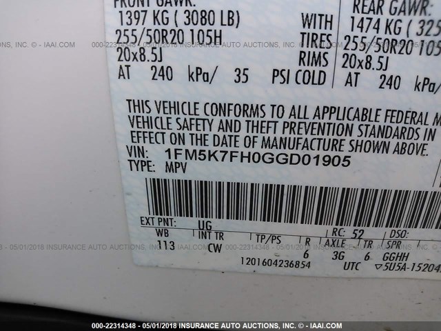 1FM5K7FH0GGD01905 - 2016 FORD EXPLORER LIMITED 白色 照片 9