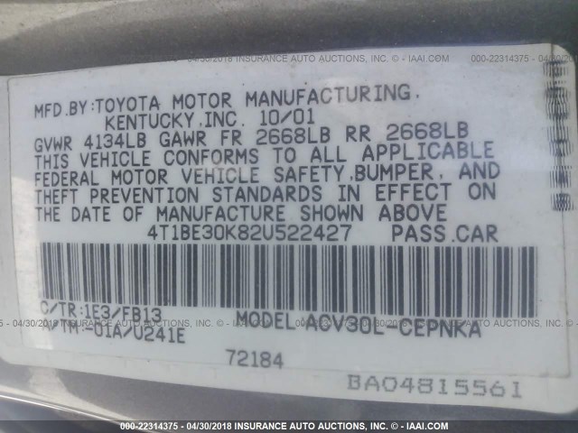 4T1BE30K82U522427 - 2002 TOYOTA CAMRY LE/XLE/SE 香槟色 照片 9