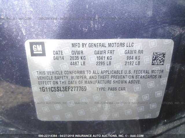 1G11C5SL3EF277769 - 2014 CHEVROLET MALIBU 1LT 灰色 照片 9