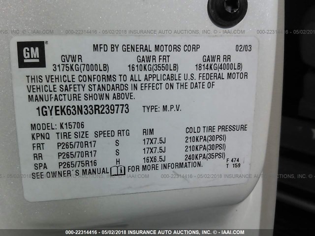 1GYEK63N33R239773 - 2003 CADILLAC ESCALADE LUXURY 白色 照片 9