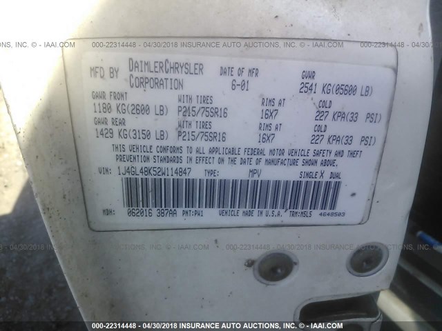 1J4GL48K52W114847 - 2002 JEEP LIBERTY SPORT 白色 照片 9