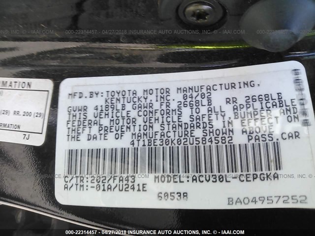 4T1BE30K02U584582 - 2002 TOYOTA CAMRY LE/XLE/SE BLACK photo 8