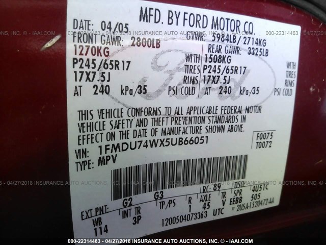 1FMDU74WX5UB66051 - 2005 FORD EXPLORER EDDIE BAUER RED photo 9