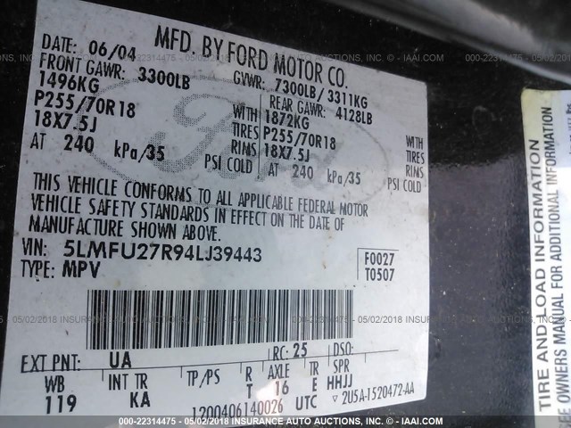 5LMFU27R94LJ39443 - 2004 LINCOLN NAVIGATOR BLACK photo 9