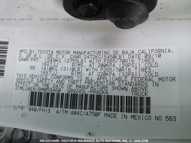 3TMLU4EN1BM059460 - 2011 TOYOTA TACOMA DOUBLE CAB 白色 照片 9