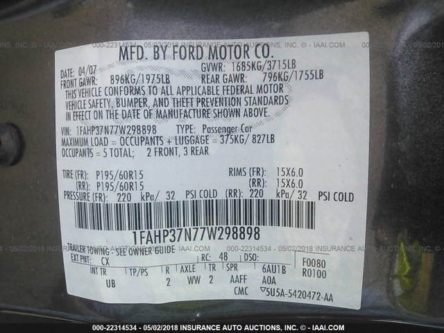 1FAHP37N77W298898 - 2007 FORD FOCUS ZX5/S/SE/SES GRAY photo 9