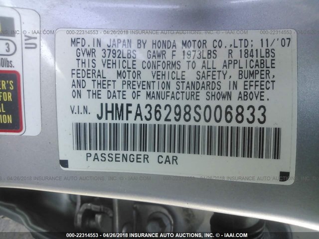 JHMFA36298S006833 - 2008 HONDA CIVIC HYBRID SILVER photo 9