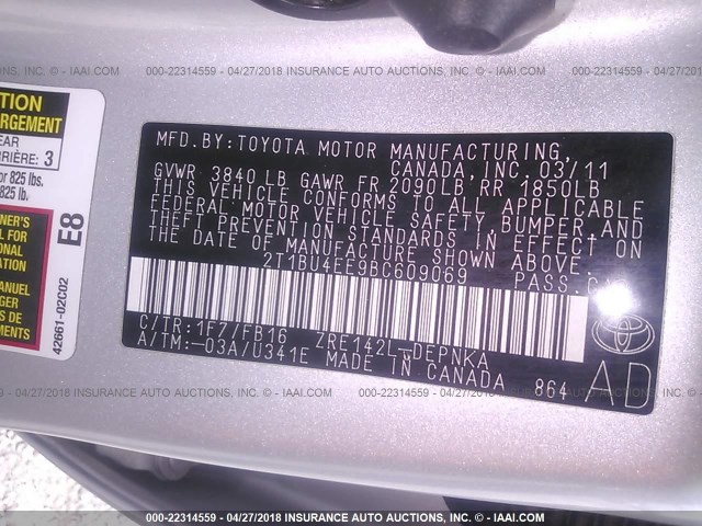 2T1BU4EE9BC609069 - 2011 TOYOTA COROLLA S/LE SILVER photo 9