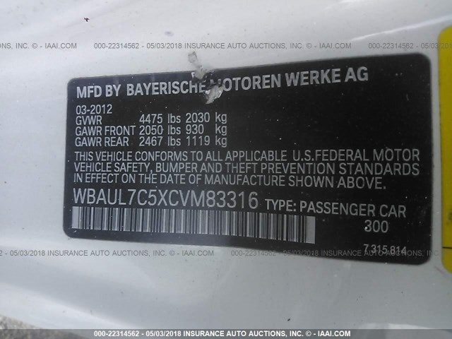 WBAUL7C5XCVM83316 - 2012 BMW 128 I WHITE photo 9