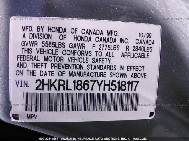 2HKRL1867YH518117 - 2000 HONDA ODYSSEY EX BLUE photo 9