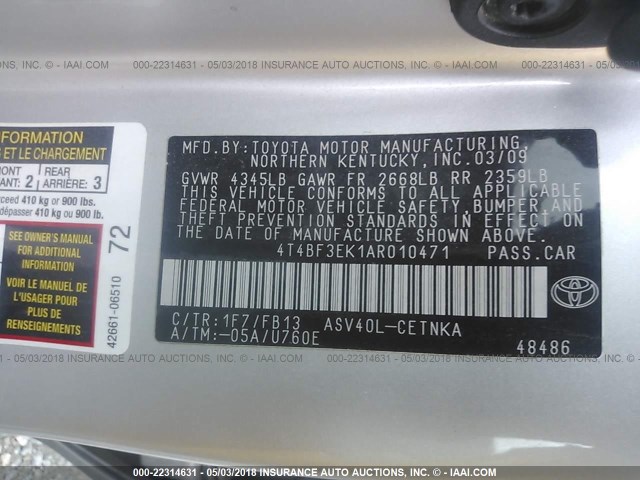 4T4BF3EK1AR010471 - 2010 TOYOTA CAMRY SE/LE/XLE 银色 照片 9