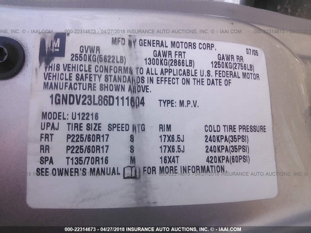 1GNDV23L86D111604 - 2006 CHEVROLET UPLANDER LS SILVER photo 9