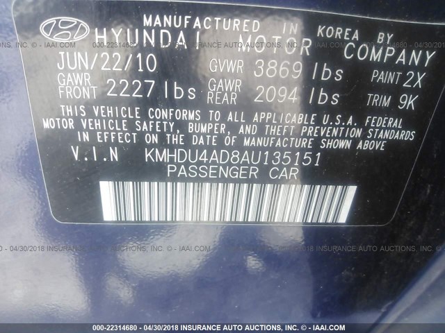 KMHDU4AD8AU135151 - 2010 HYUNDAI ELANTRA BLUE/GLS/SE BLUE photo 9