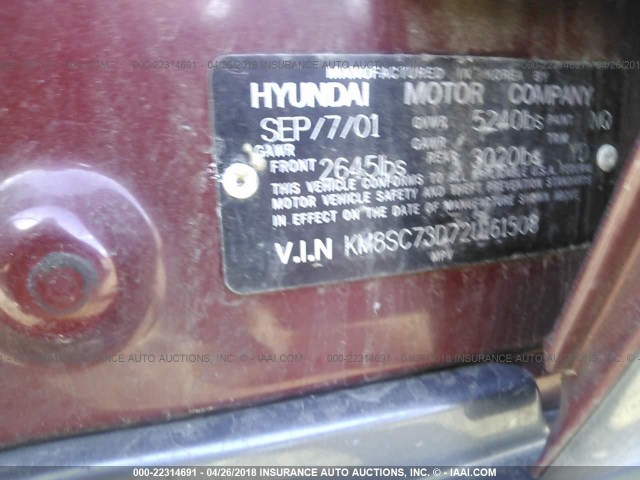 KM8SC73D72U161508 - 2002 HYUNDAI SANTA FE GLS/LX BURGUNDY photo 9