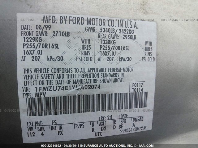 1FMZU74E1YUA02074 - 2000 FORD EXPLORER EDDIE BAUER GRAY photo 9