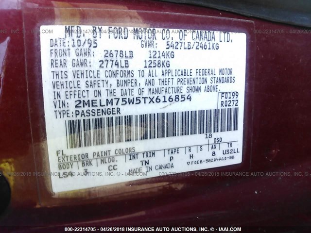 2MELM75W5TX616854 - 1996 MERCURY GRAND MARQUIS LS/BAYSHORE RED photo 9