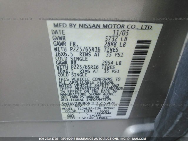 5N1BV28U86N112548 - 2006 NISSAN QUEST S/SE/SL GOLD photo 9