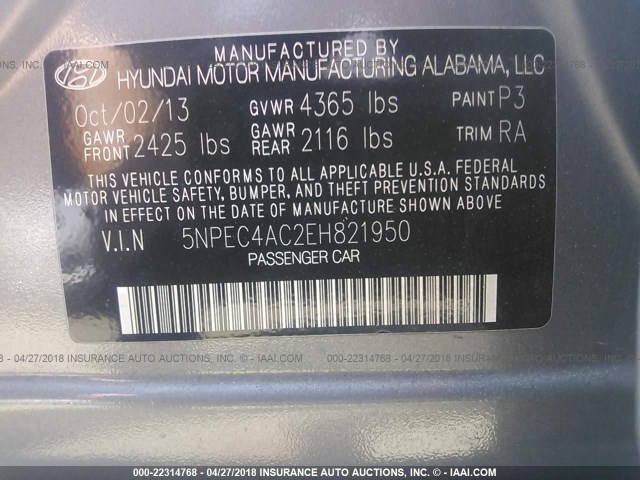 5NPEC4AC2EH821950 - 2014 HYUNDAI SONATA SE/LIMITED GRAY photo 9