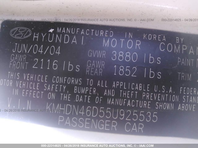 KMHDN46D55U925535 - 2005 HYUNDAI ELANTRA GLS/GT WHITE photo 9