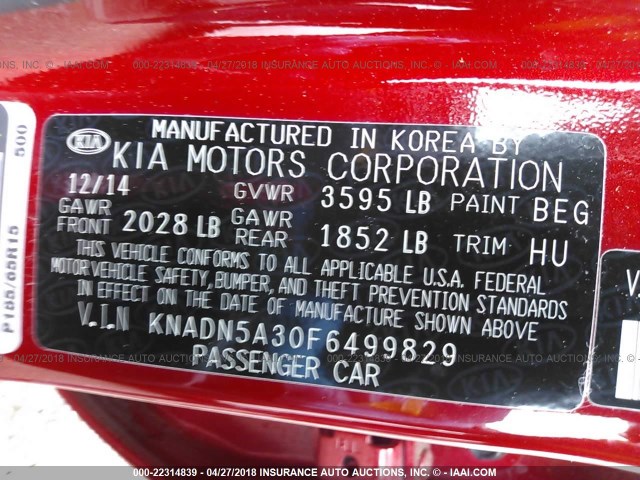 KNADN5A30F6499829 - 2015 KIA RIO EX/SX RED photo 9