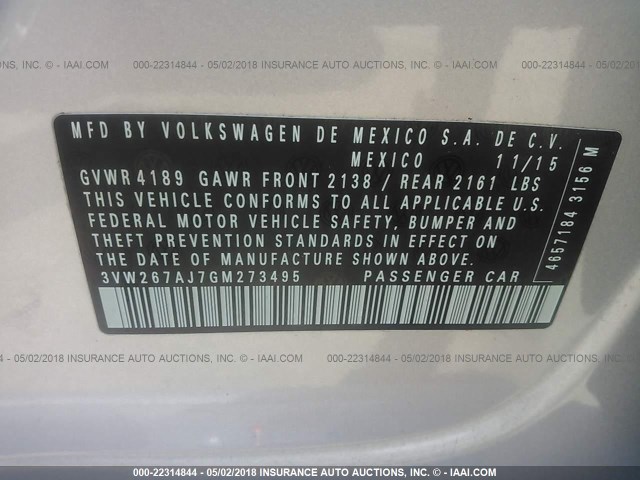 3VW267AJ7GM273495 - 2016 VOLKSWAGEN JETTA S SILVER photo 9