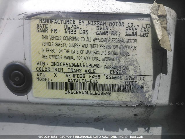 3N1CB51D66L612692 - 2006 NISSAN SENTRA 1.8/1.8S WHITE photo 9