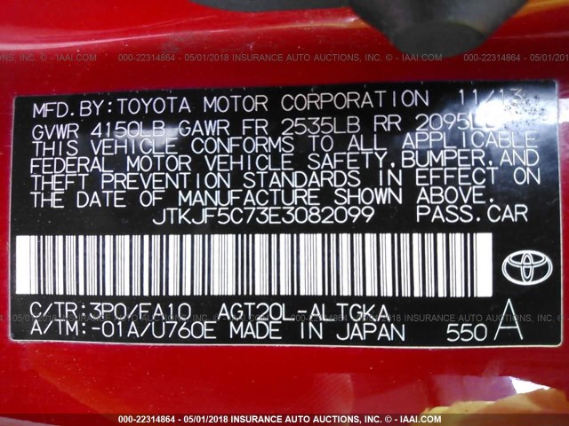 JTKJF5C73E3082099 - 2014 TOYOTA SCION TC 红色 照片 9