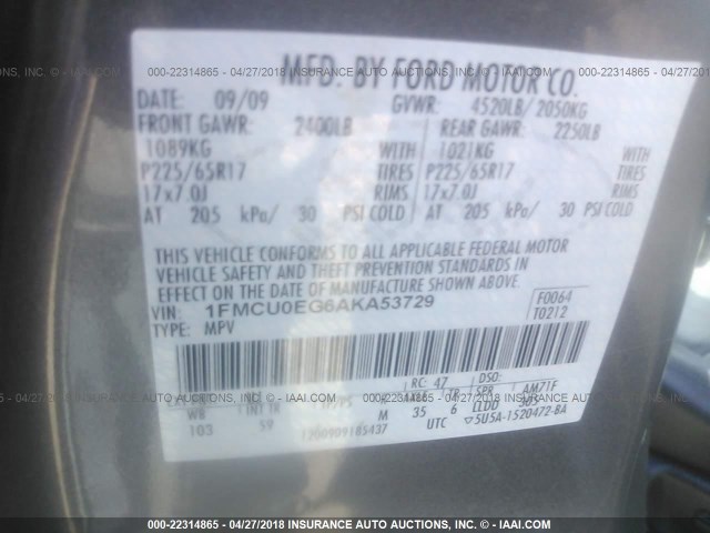 1FMCU0EG6AKA53729 - 2010 FORD ESCAPE LIMITED GRAY photo 9