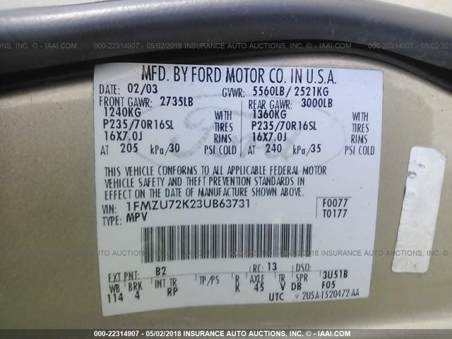 1FMZU72K23UB63731 - 2003 FORD EXPLORER XLS/XLS SPORT TAN photo 9