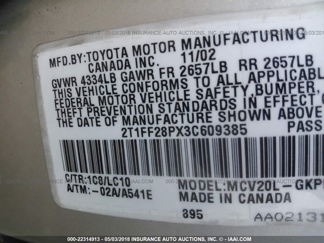 2T1FF28PX3C609385 - 2003 TOYOTA CAMRY SOLARA SE/SLE ვერცხლისფერი ფოტო 9