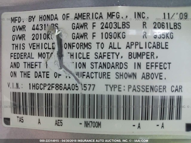 1HGCP2F86AA054577 - 2010 HONDA ACCORD EXL SILVER photo 9