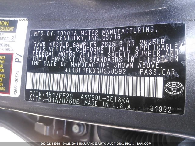 4T1BF1FKXGU250592 - 2016 TOYOTA CAMRY LE/XLE/SE/XSE BLACK photo 9