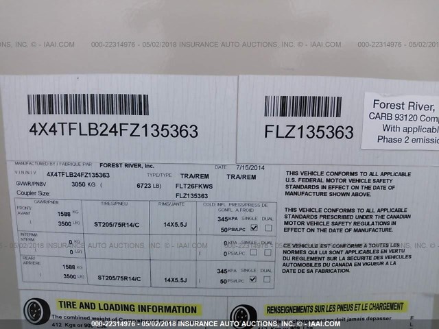 4X4TFLB24FZ135363 - 2015 FOREST RIVER FLAGSTAFF  米色 照片 9