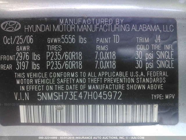 5NMSH73E47H045972 - 2007 HYUNDAI SANTA FE SE/LIMITED Light Blue photo 9