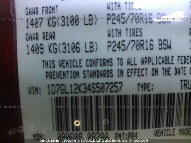 1D7GL12K34S507257 - 2004 DODGE DAKOTA SXT RED photo 9