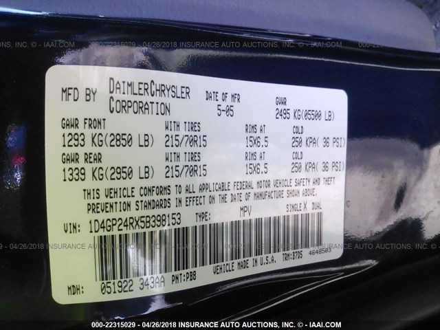 1D4GP24RX5B398153 - 2005 DODGE GRAND CARAVAN SE BLUE photo 9