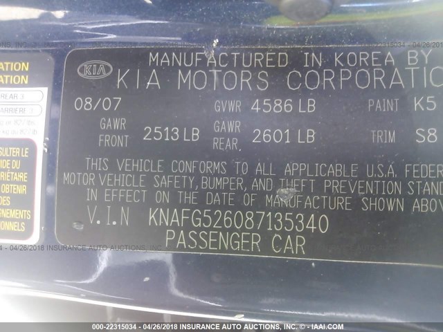 KNAFG526087135340 - 2008 KIA RONDO LX/EX BLUE photo 9