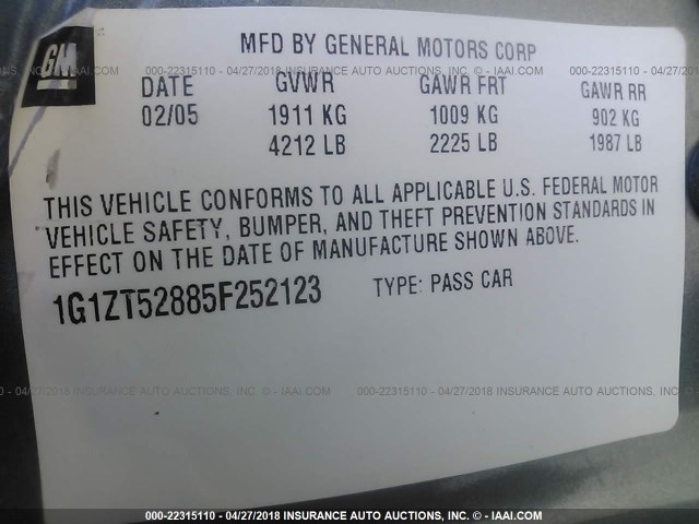 1G1ZT52885F252123 - 2005 CHEVROLET MALIBU LS 银色 照片 9