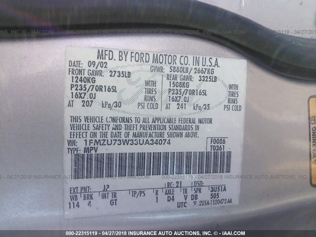 1FMZU73W33UA34074 - 2003 FORD EXPLORER XLT/XLT SPORT/NBX 香槟色 照片 9