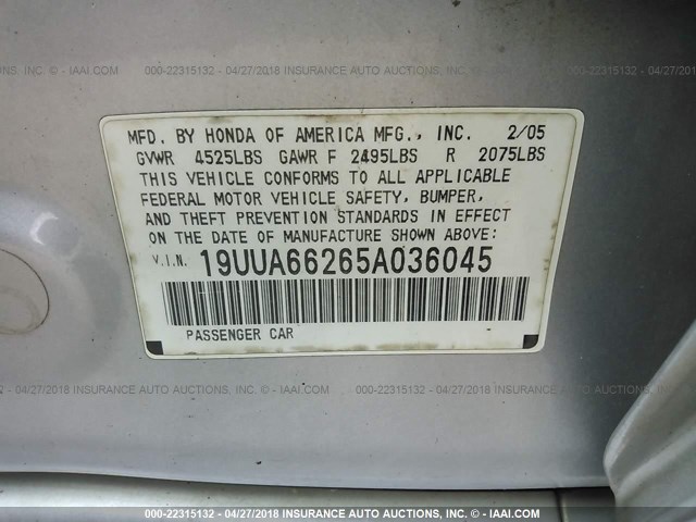 19UUA66265A036045 - 2005 ACURA TL SILVER photo 9