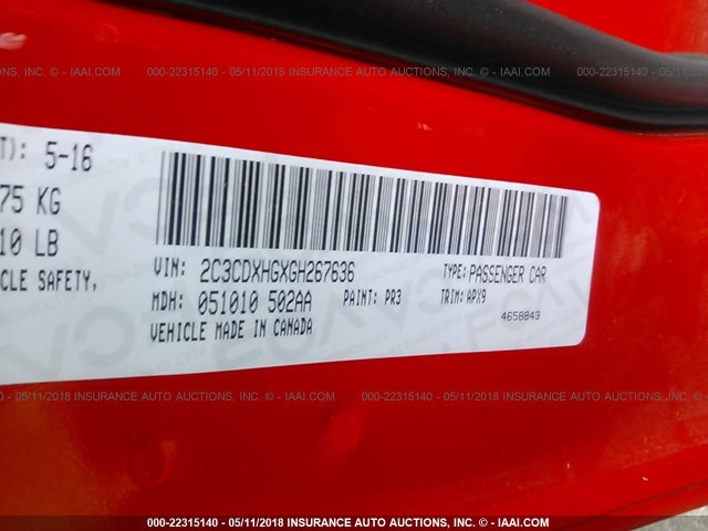 2C3CDXHGXGH267636 - 2016 DODGE CHARGER SXT RED photo 9