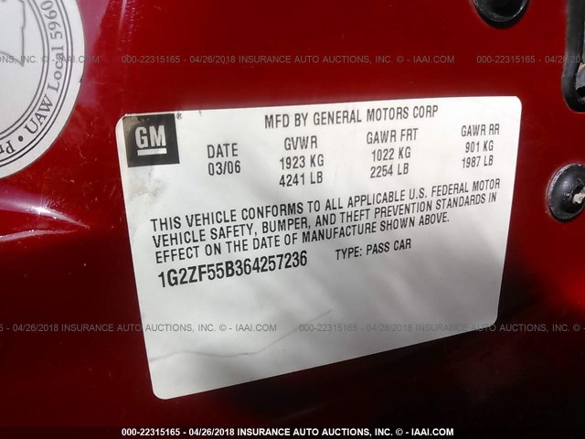 1G2ZF55B364257236 - 2006 PONTIAC G6 SE RED photo 9