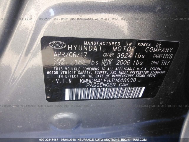 KMHD84LF8JU448638 - 2018 HYUNDAI ELANTRA SEL/VALUE/LIMITED GRAY photo 9