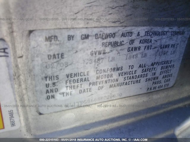 KL1TD56668B226030 - 2008 CHEVROLET AVEO LS SILVER photo 9