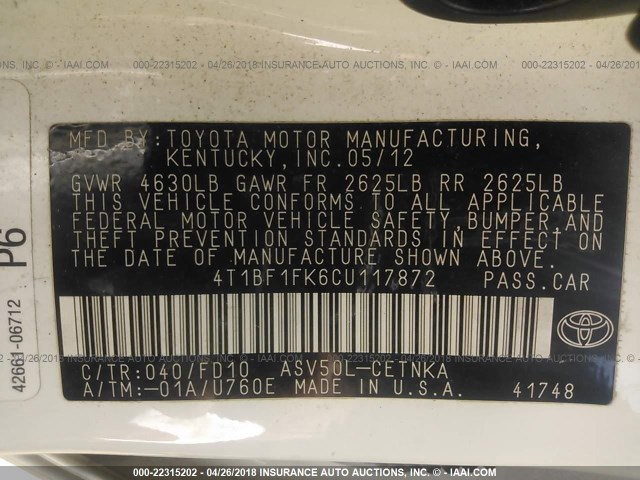 4T1BF1FK6CU117872 - 2012 TOYOTA CAMRY SE/LE/XLE 白色 照片 9