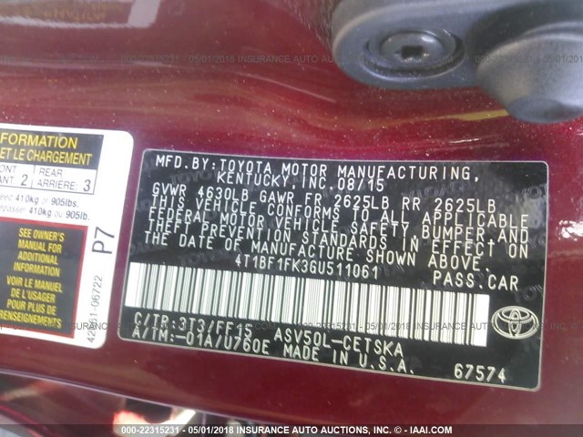 4T1BF1FK3GU511061 - 2016 TOYOTA CAMRY LE/XLE/SE/XSE RED photo 9